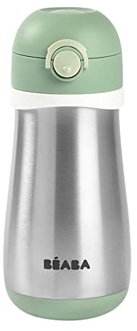 Béaba, Gourde Inox Enfant 2 en 1, Fonction Gourde/Verre, Bouton Push pour faciliter l'ouverture, Solide, Sain, Poignées amovibles, Inox Maintien du Froid/Chaud, 350ml, Vert Sauge