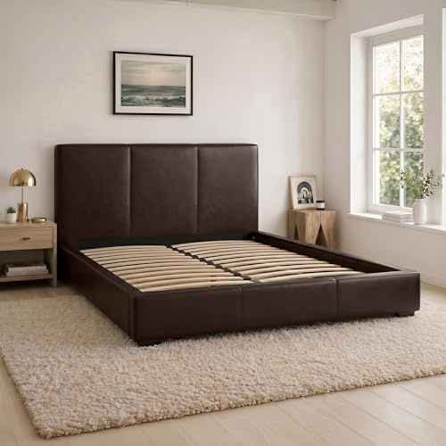 SANA SLEEP 4FT6 Double Size Modern Pia Ottoman Gas Lift Storage Faux Leather Bed - Brown