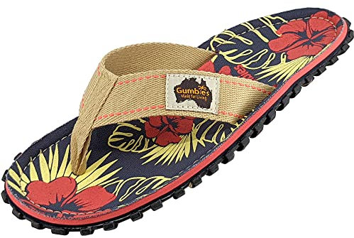 Gumbies Originals Rot - Flip Flops aus recycelten Materialien - profilierte Sohle aus wiederverwerteten Autoreifen, weiches Fußbett aus Canvas-Baumwolle, bequemer Zehensteg - Denim Hibiscus, 42