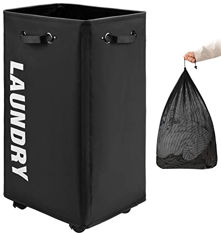 DOKEHOM 29-Inches X-Large Panier à Linge avec sac de Lavage Amovible sur Roulettes, Panier à Linge Roulant Pliable, Organiseur de Vêtements Pliant, Bac à Linge Pliant (Noir)