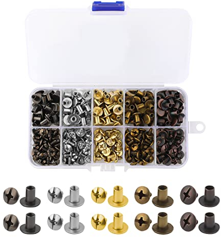 150 juegos Tornillos Chicago, 8 mm Remaches de Tornillo de Cabeza Plana Tornillos de Encuadernación Remaches de Cuero con Caja para Cuero, Manualidades, Cinturones, Bolsos (5 Colores)