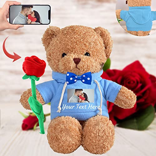 Valentine Gifts Personalised Teddy Bear with Photo and Text, Stuffed Animals Valentine Teddy Bear with Rose and Bow as Im sorry gifts for Her on Valentine/ Anniversary/ Birthday (8 IN-Hoodie Blue)