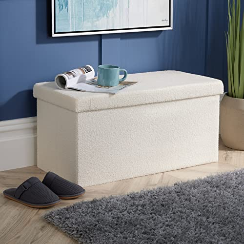 Home Source Folding Ottoman Boucle Teddy Bear Fabric Storage Chest, Cream, 76cm Rectangle