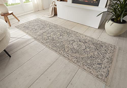 Hanse Home Sand Vintage Teppich – Orientalischer Kurzflor Wohnzimmerteppich Weicher Orient-Teppich Läufer für Schlafzimmer, Esszimmer, Wohnzimmer, Flur, Küche – Creme Grau, 80x200cm