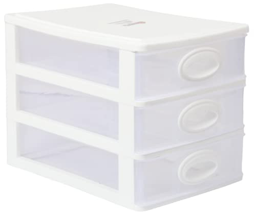 Mini 3 Tier Storage Unit with Drawers. Tabletop Storage Tower. Small Plastic Organiser Drawers. (White)