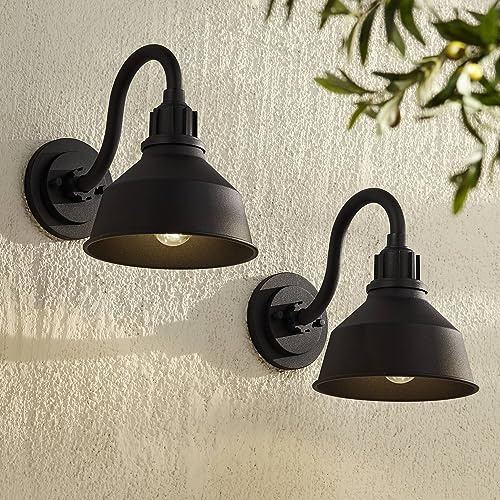 Franklin Iron Works Arnett Rustic Industrial Outdoor Wall Light Fixtures Set of 2 Black Metal Gooseneck Arm 8 Downlight Shade for Post Exterior Barn Deck House Porch Yard Patio Garage Garden