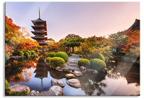 Pixxprint Glasbild, Wandbild aus Echtglas, See im Herbst vor japanischem Tempel, 100x70 cm, inkl. Aufhängung und Abstandshalter