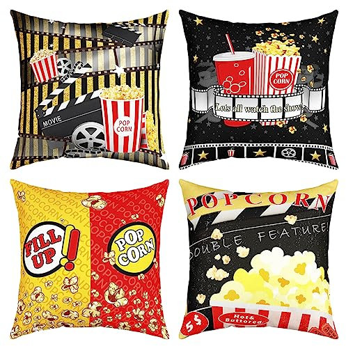Kino Dekor Wurf Kissenbezüge für Couch Schlafsofa, 4er Set Kopfkissenbezug Movie Night Dekorative Kissen Dekokissen, Old Fashion Heimkino Kissen Inserts nicht enthalten, Kissenbezüge 50x50cm