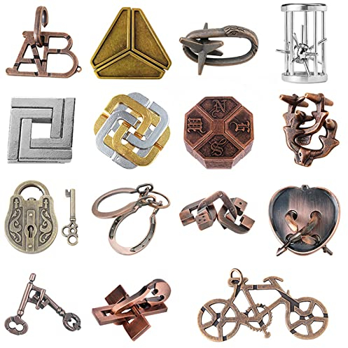 Knobelspiele Metall Puzzle Set, Joyeee Zaubertrick Spielzeug Denkaufgabe IQ Geist Test Lernspielzeug für Party Mitgebsel Erwachsene und Kinder Herausforderung, Mittlere Schwierigkeit, 15 Stück - A