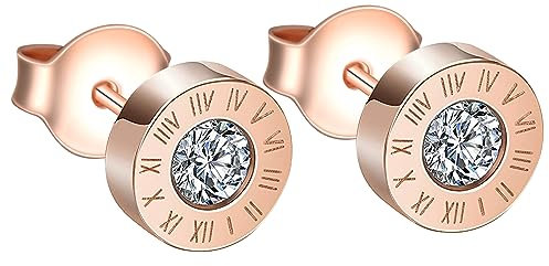 INFINIONLY Uomo Orecchini a Zircone con Numeri Romani Incisi Orecchini in Acciaio Inossidabile per Donna Uomo Gioielli Moda Personalizzati, Oro rosa