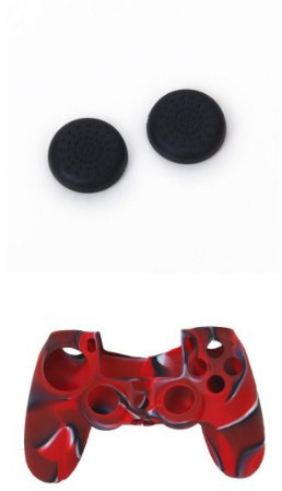 Tapas de botón para PS4 (paquete de 2) - Negro + funda de silicona PS4 (camuflaje rojo y negro)