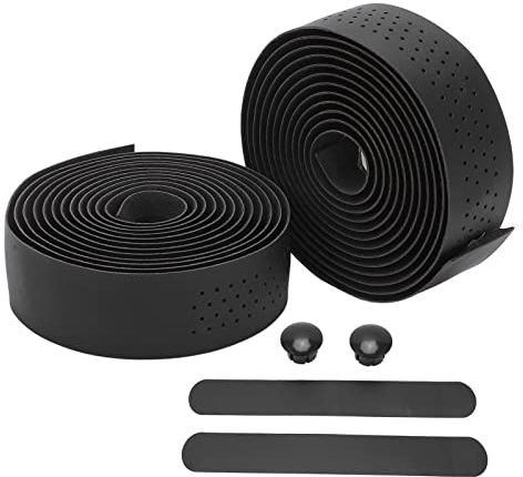 Tissting 2 Stück Fahrrad Lenkerband 200 x 3 cm 3mm Dicke PU Leder EVA Selbstklebende Lenker Band mit Abklebeband und Lenkerstopfen, Rutschfest Griffband für Mountainbike Rennrad, Schwarz