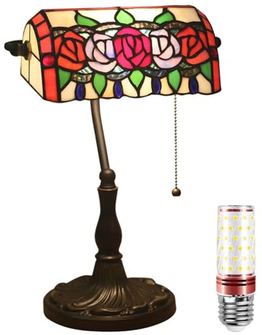Uziqueif Retro Tiffany Style Tischlampe/Bankerlampe - E27 Schreibtischlampe mit Zugkettenschalter und 1 Leuchtmittel, Legierungsbasis - für Büro,Hause,Wohnzimmer,Schlafzimmer,Esszimmer,Rose b