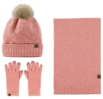 EXQUILEG Damen Beanie Mütze Mit Schal und Handschuhe Unisex Weiche Warme Strickmütze Winterset für 3-Teilig Unisex Zopfmuster Strickmütze Winter Kombi Geschenkse (Rosa)
