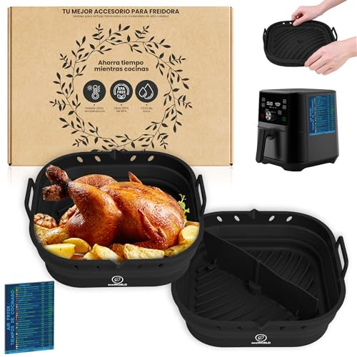 ECOWORLD Pack2 Molde Silicona Freidora de Aire 22cm + Separador de Alimentos + Imán tabla tiempos de cocción - Air Fryer - Accesorios Freidora Sin Aceite - Compatible Cosori 5,5L-6,4L y CECOTEC 5,5L