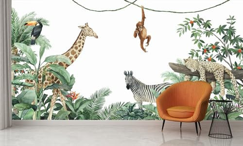 Audace Liberté Papier Peint Panoramique Peint À La Main Animal Jungle Soie 355×250 cm Papier Peint Géant 3D Salon Chambre Salle à Manger Chambre d'Enfant Décoration Murale - singe,girafe