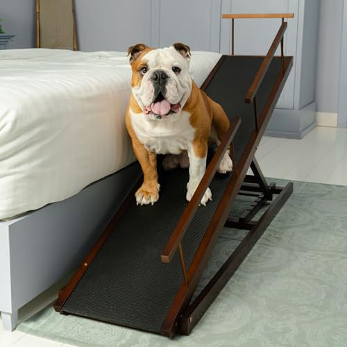 Hunderampe Bett PRIORPET aus Birkenholz mit Sicherheitsgeländer - Höhenverstellbare hundetreppe für Betten bis zu 94.5cm - Klappbar - Anti-Rutsch-Griff - Für kleine Hunde bis zu 23kg - Braun