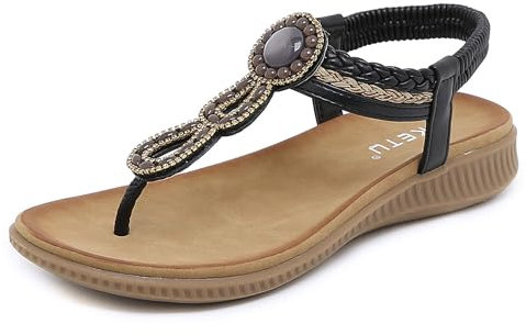 Meik Mangni Damen Sandalen Sommer Bohemian Flache Zehentrenner Strass Sandaletten Strand Schuhe Plattform Flip Flops A Schwarz Gr.40