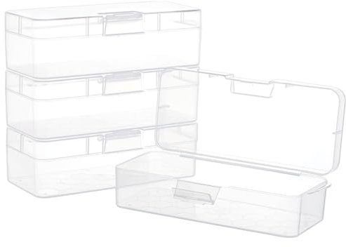 BENECREAT 4 Packs Rectangle Plastic Container Box, 16.3x6.6x4.6cm Clear Storage Organizer with Hinged Lid and Hanging Hole for Small Craft Accessories Office Supplies