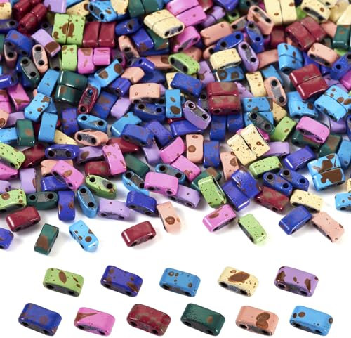 Tila-Fliesen-Perlen, 11 Farben, 2 x 5 x 2 mm, 2 Löcher, flach, quadratisch, japanisch, glänzend, bedruckt, lose Abstandshalter, Rocailles-Perlen für mehrsträngige Schmuckarmbänder, Bastelarbeiten, 440