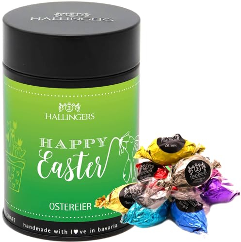 Hallingers Happy Easter - Ostergeschenke für Osterkörbchen zu Ostern, Pralinen Ostereier handmade ohne Alkohol (Dose) - Geschenk im Sommer & als perfektes Grillgeschenk | Glückwunsch Glückwünsche Freu