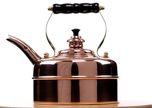 Newey & Bloomer Kensington No. 1 Tea Kettle, 1.9 Qt. - Handmade Solid Copper Body & Beechwood Handle, Whistling Lid - Classic British Craftsmanship - Gas & Electric Compatible