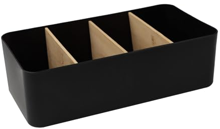 YIWONFU 4 Fächer Schreibtisch Organizer, Bambus Stiftehalter mit Abnehmbar Fächer, Multifunktional Büro Organizer Fernbedienung Organizer für Stifte, Haftnotizen, Brille, Schere(Schwarz)