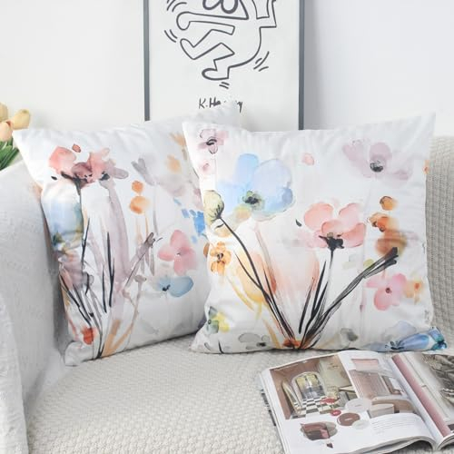 NIULAA Samt Kissenbezug 50x50 2er Set Bunt Blumen Deko Kissenbezüge Sofakissen Dekokissen Landhausstil Kissenhüllen Aesthetic Couchkissen Set Kuschelkissen Quadratisch Kissenhülle Zierkissen