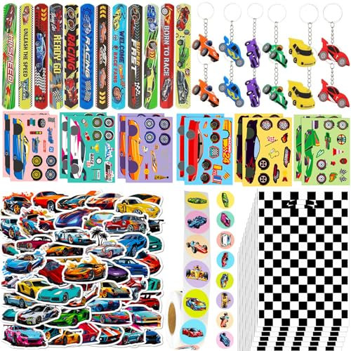 HEMYTAP 598Pcs Race Car Party Favors Birthday Supplies Include Goodie Bags, Slap Bracelets, Keychains, Make a Race Car Stickers and Vinyl Stickers for Kids Race Car Pinata Filler Stuffer Decorations