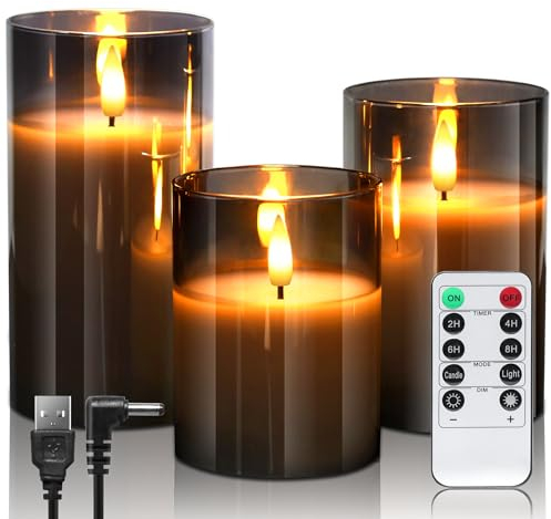 daphomeu Wiederaufladbar LED Kerzen mit Fernbedienung und Timer, Flackernde Elektrische LED Kerzen für Home Decoration Hochzeit Party Halloween Weihnachten 3D Emulation Kerzen, Grau Glas-3 Stück