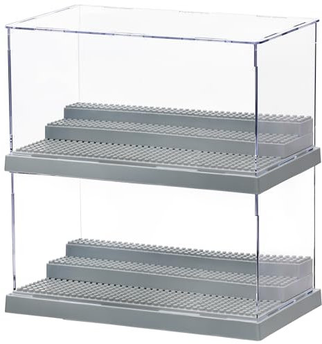 Winter Shore Graue Acryl Vitrine mit 3 Ebenen (2er-Set) - Durchsichtige Kleine Vitrine für Minifiguren, Bausteinmodelle & Brick-Action-Figuren - Stapelbarer Staubdichter Schaukasten mit Noppenplatten