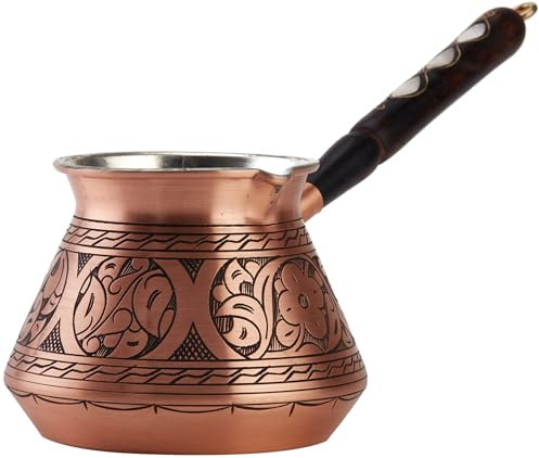 DEMMEX Dickste Kupfer-Kaffeekanne, türkisch, griechisch, arabisch, Herdplatte, Cezve Ibrik Briki mit Holzgriff und Löffel, handgraviert (mattes Kupfer, 425 ml)