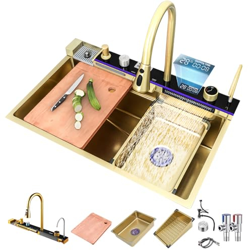 TULAZOU - Lavello da cucina, lavello in acciaio inox T304, lavello da cucina multifunzionale, lavandino a cascata, lavello da incasso con rubinetto digitale multifunzionale e vari accessori (80 x 45