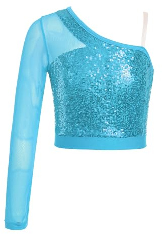 Miaeowve Kinder Mädchen Pailletten Shirt Kurz Oberteil Glänzend Party Top EIN Ärmel Mesh Patchwork Tanzkleidung Party Bühnenauftritt Performance Kostüm