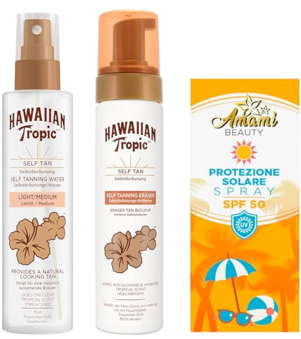 Set Meer Sonnenschutz LSF 50 + Selbstbräunungswasser Hawaiian Selbstbräuner + Self Tanning Eraser Mousse Hawaiian - für helle Haut - Amami BEAUTY