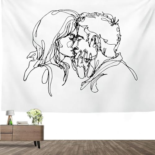 Roninkier Abstrakte Skizze Wandteppich, Aesthetic Kuss Schwarz und Weiß Wandtuch Kunst Wandbehang für Schlafzimmer (Küssend 1, 150 x 130cm)