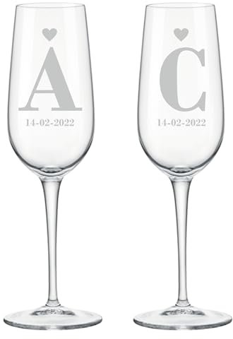 Colorfamily Set di 2 Calici Flute da Champagne Personalizzati con Incisione Iniziali e Data, Regalo Matrimonio Anniversario per Coppia