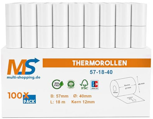 Ec-Cash Kassenrollen/Thermorollen/Bonrollen 57mm x 18m x 12mm mit Lastschrifttext (57x40x12) Bpa frei für alle gängigen Thermo Kassen-Bondrucker SEPA-Lastschrifttext B: 57mm x L: 18m Ø40mm (100)