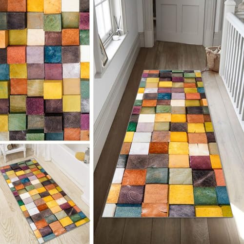 Poaegle Teppich Läufer Flur Bunt Lang rutschfest KücheLäufer Holzmaserung Waschbar Schlafzimmer Teppich Läufer 90x350cm Dauerhaft Läuferteppich FlurLäufer Korridor Meterware