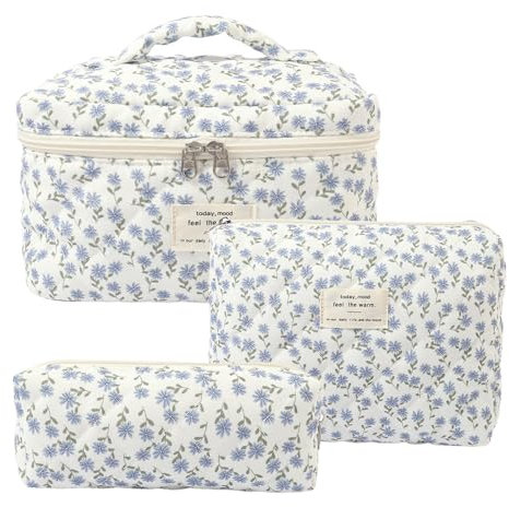 Kosmetiktasche Damen Reise Make Up Tasche, 3 Stück Große Baumwolle Kulturtasche Make-Up Organizer Tasche Cosmetic Bag mit Blumenmuster für Kosmetik Kosmetikartikel (Blaue Pfauenblume)