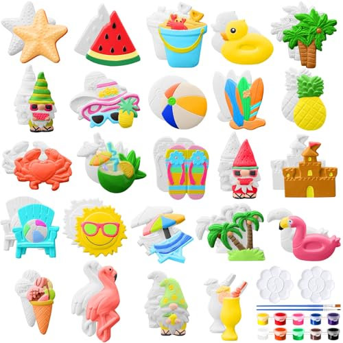 WinnerWhy 24 Pcs Summer Beach DIY Painting Ceramic Kit Paint Your Own Ceramic Unpainted Plaster Figurines with Tools for Adults Home Activity Party Favor(Summer)