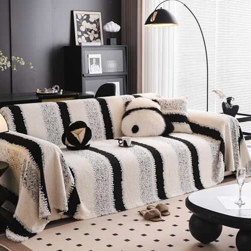 SHANNA Gestreift Samt Sofa Überwurfdecke 1/2/3/4 Sitzer, Einfache Installation Sofaschoner Sofabezug L Form U Ecksofa Große SofaÜberzug, Sofaüberwurf Couch Überzug Sofa Cover Futonbezug mit Quaste
