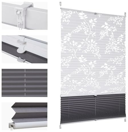 Sekey Plissee Doppelplissee Day+Night Verdunkelung ohne Bohren verspannt Lichtschutz Klemmfix Lichtdurchlässig Ausbrenner-Muster 75x200cm Druck & Grau