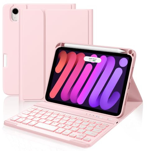 Cousper Funda con teclado para iPad Mini 7 A17 Pro 2024/iPad Mini de 6 generaciones con teclado 2021 de 8.3 pulgadas, soporte para lápices, cubierta de teclado desmontable retroiluminada de 7 colores