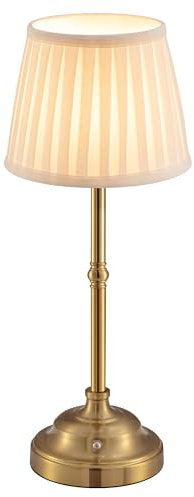 VISDANFO LED Tischlampe Kabellos, Dimmbare Vintage Nachttischlampe, Retro Tischlampe Akku, 4000mAh Batteriebetrieben, Geeignet Für Innen, Outdoor, Bar, Wohnzimmer (Gold + Beige Lampenschirm)