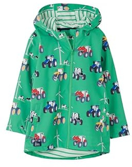 LightHouse Boys Ethan Waterproof Raincoat - Kids Jersey Lined Windproof Spring Summer Outdoor Coat With Hood - Tractor Wind Turbine Print - 7-8years