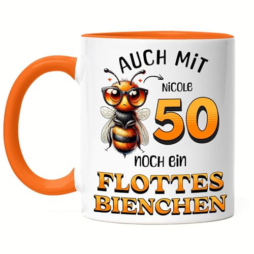 Kiddle-Design Personalisierte Tasse 50. Geburtstag - Flottes Bienchen ist 50-50ter Geburtstag Lustiges Geschenk Frau Frauen - Tasse Orange