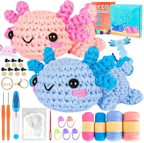 Crochet Kit for Beginners, Axolotl DIY Crochet Set with Video Tutorial | Highland Cow Crochet Set with Step-by-Step Video Tutorial, Suitable for Both Adults and Kids. DIY Knitting Supplies