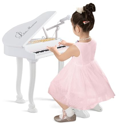 COSTWAY Piano Numérique 37 Touches pour Enfants avec Tabouret & Microphone, Piano Electronique Portable avec Mode d'Enseignement LED & MP3, Piano Enfants 3 Ans, Charge 50kg (37 Touches, Blanc)