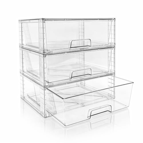XWYWX 3er Set Breite Stapelbare Aufbewahrungsschubladen für Bad und Küche, Hochfeste Klare Acryl Organizer mit Griffen Einfach Zu Montierende Kunststoffboxen für Kühlschrank Schrank und Speisekammer